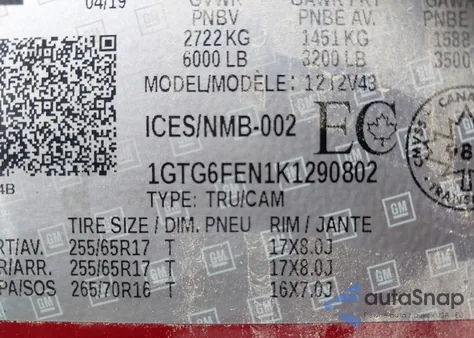2019 GMC Canyon 4Wd All Terrain W/Leather/All Terrain W/Cloth/All Terrain W/Leather from USA, damaged, VIN 1GTG6FEN1K1290802